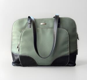 Totes Olive Green Nylon & Black Faux Leather Work Laptop Bag Shoulder Tote 12x17